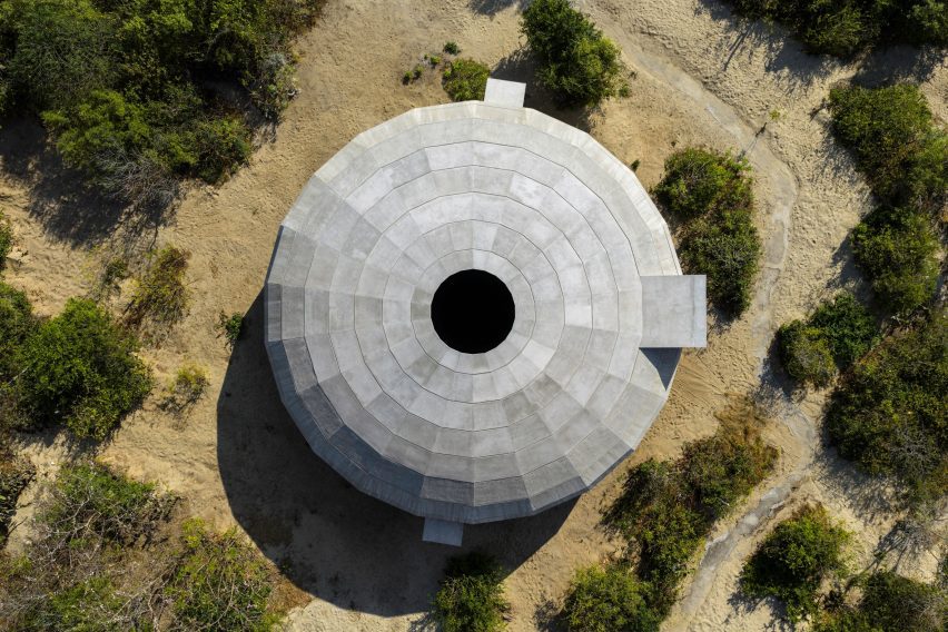 Aerial view of OMA Mushroom Pavilion dome in Oaxaca