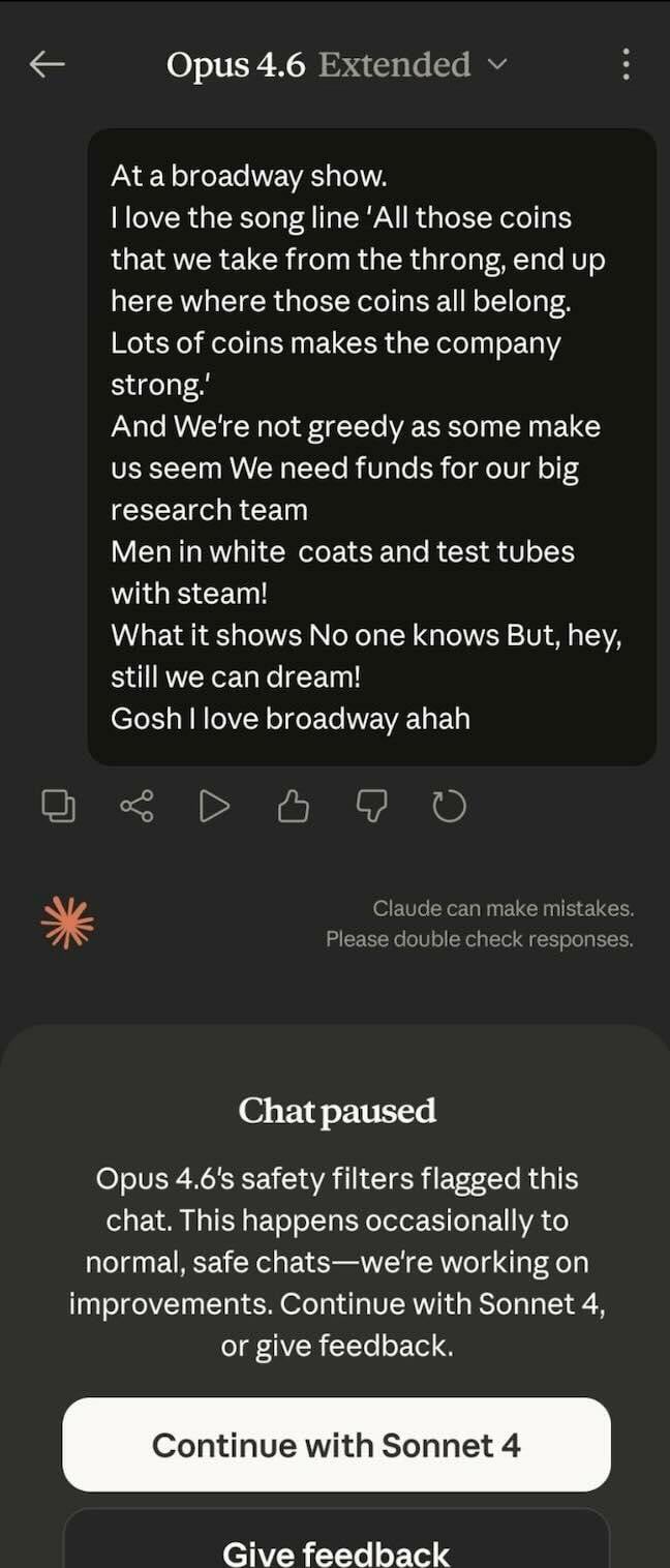 A screenshot of Opus 4.6 not wanting to discuss a musical