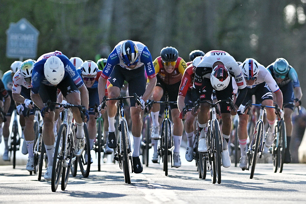 NOKERE, BELGIUM - MARCH 18: (L-R) Race winner Jasper Philipsen of Belgium and Team Alpecin-Premier Tech, Jordi Meeus of Belgium and Team Red Bull - BORA - hansgrohe and Juan Sebastian Molano of Colombia and UAE Team Emirates - XRG sprint at finish line during the 80th Danilith Nokere Koerse 2026, Men&amp;apos;s Elite a 186.4km one day race from Deinze to Nokere / #UCIWT / on March 18, 2026 in Nokere, Belgium. (Photo by Luc Claessen/Getty Images)