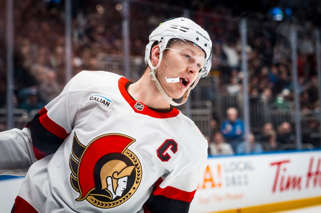Ottawa Senators forward Brady Tkachuk celebrates his goal.