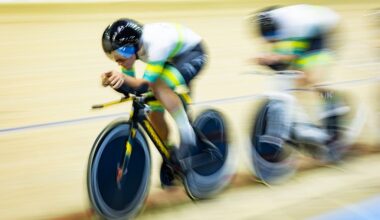 PERTH, AUSTRALIA - MARCH 06: The Australian cycling team participate during the 2026 UCI Track World Cup on March 06, 2026 in Perth, Australia. (Photo by Matt Jelonek/Getty Images)