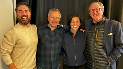 Martin Compston, Robert Carlyle, Vicki McClure and Adrian Dunbar stand arm in arm smiling at a readthrough for Line of Duty series 7