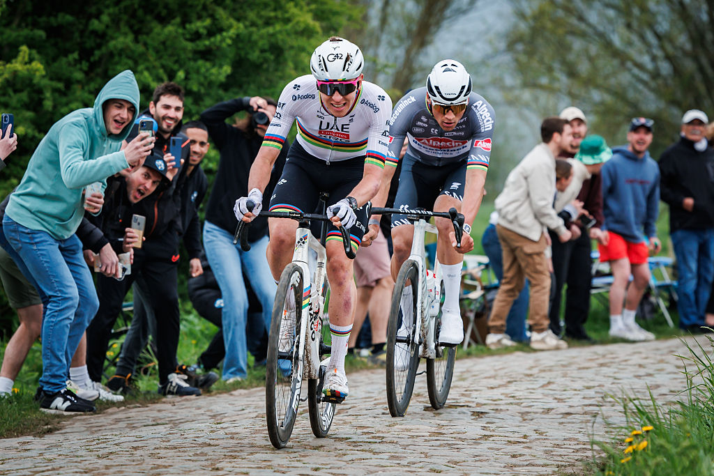 ROUBAIX, FRANCE - APRIL 13: Tadej Pogacar of UAE Team Emirates XRG of Slovenia, Mathieu van der Poel of Alpecin - Deceuninck of Netherlands during the match between Paris v Roubaix at the Roubaix on April 13, 2025 in Roubaix France (Photo by Pim Waslander/Soccrates/Getty Images)