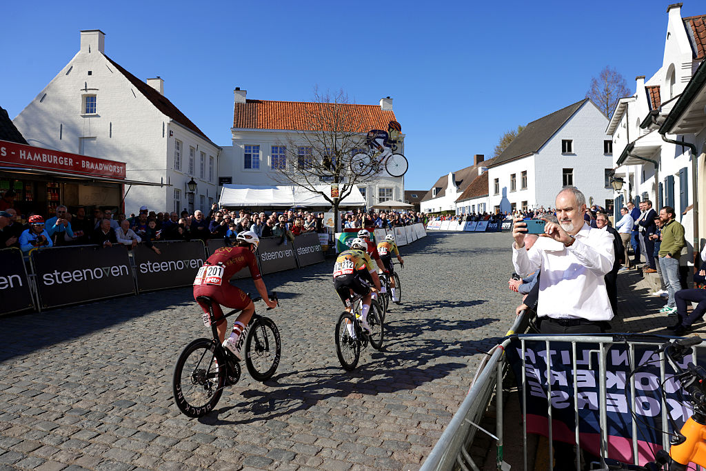 NOKERE, BELGIUM - MARCH 18: Sean Christian of United States and Team Modern Adventure Pro Cycling, Jelle Harteel of Belgium and Team Tarteletto - Isorex, Lionel Taminiaux of Belgium and Team Lotto Intermarch&eacute; and Jonah Killy of United States and Team Tarteletto - Isorex compete in the breakaway during the 80th Danilith Nokere Koerse 2026, Men&amp;apos;s Elite a 186.4km one day race from Deinze to Nokere / #UCIWT / on March 18, 2026 in Nokere, Belgium. (Photo by Rhode Van Elsen/Getty Images)