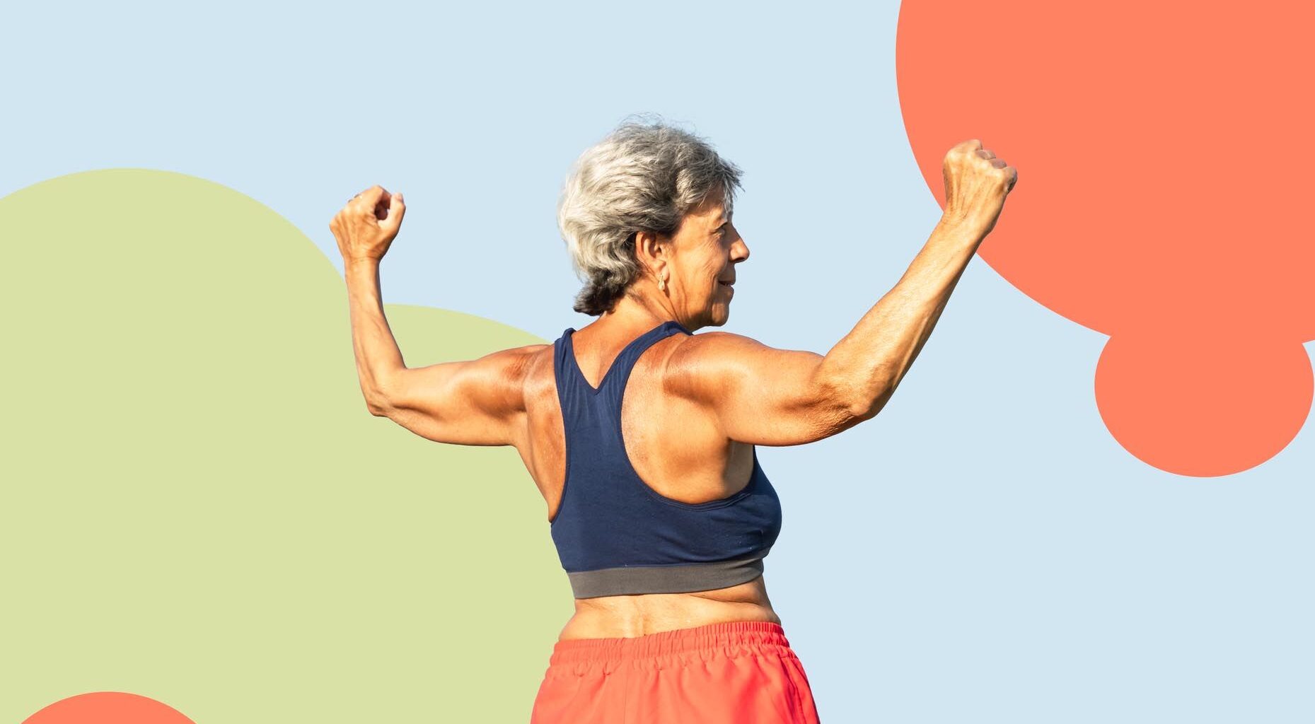 a photo of a senior woman with strong arms