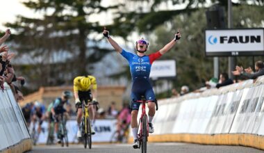 ETOILE-SUR-RHONE, FRANCE - MARCH 01: Romain Gregoire of France and Team Groupama - FDJ United celebrates at finish line as stage winner during the 14th Faun Drome Classic 2026 a 189km one day race from Etoile-sur-Rhone to Etoile-sur-Rhone on March 01, 2026 in Etoile-sur-Rhone, France. (Photo by Billy Ceusters/Getty Images)