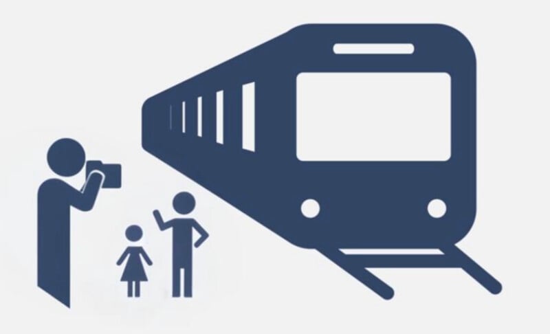 Illustration of a person taking a photo of an adult and a child standing near a train, all depicted in simple, dark blue icon style on a light background.