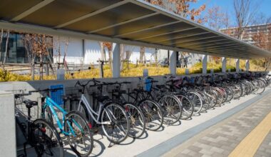 A line of parked bicycles under an awning
