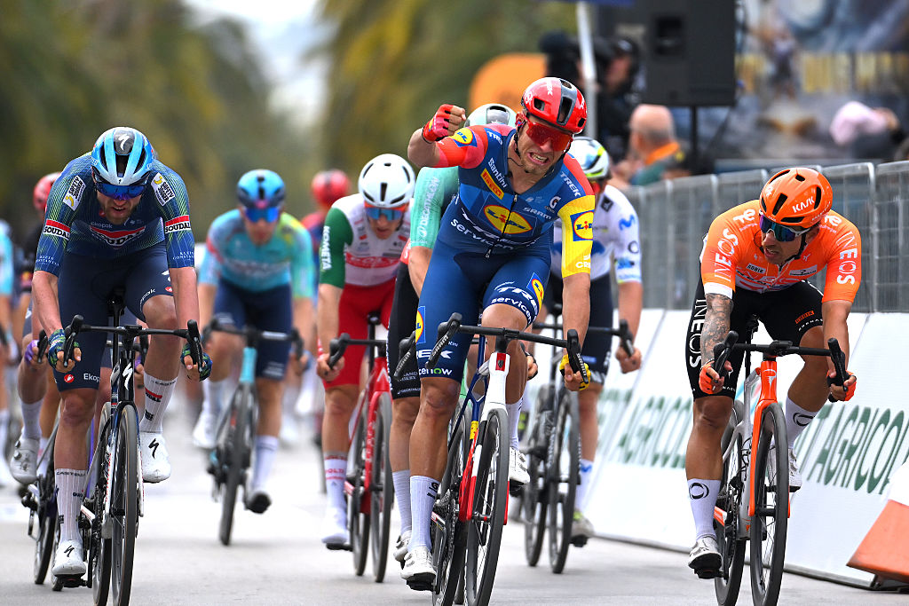 SAN BENEDETTO DEL TRONTO, ITALY - MARCH 15: Jonathan Milan of Italy and Team Lidl - Trek celebrates at finish line as stage winner ahead of Laurenz Rex of Belgium and Team Soudal Quick-Step and Sam Welsford of Australia and Team INEOS Grenadiers during the 61st Tirreno-Adriatico 2026, Stage 7 a 142km stage from Civitanova Marche to San Benedetto del Tronto / #UCIWT / on March 15, 2026 in San Benedetto del Tronto, Italy. (Photo by Tim de Waele/Getty Images)