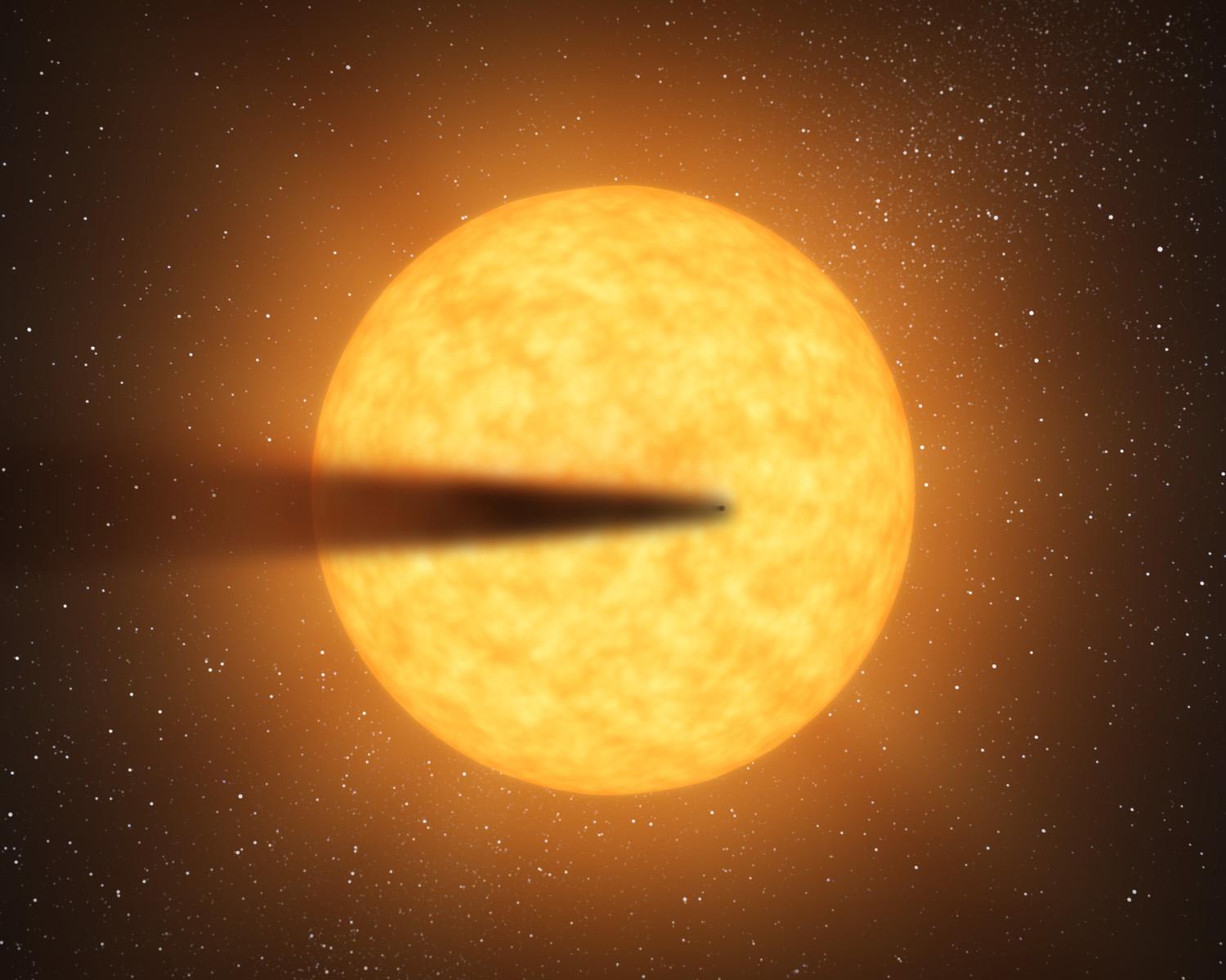 An illustration of a planet streaking to the right from the left, with a large black tail. The planet streaks in front of a glowing yellow ball of light in space
