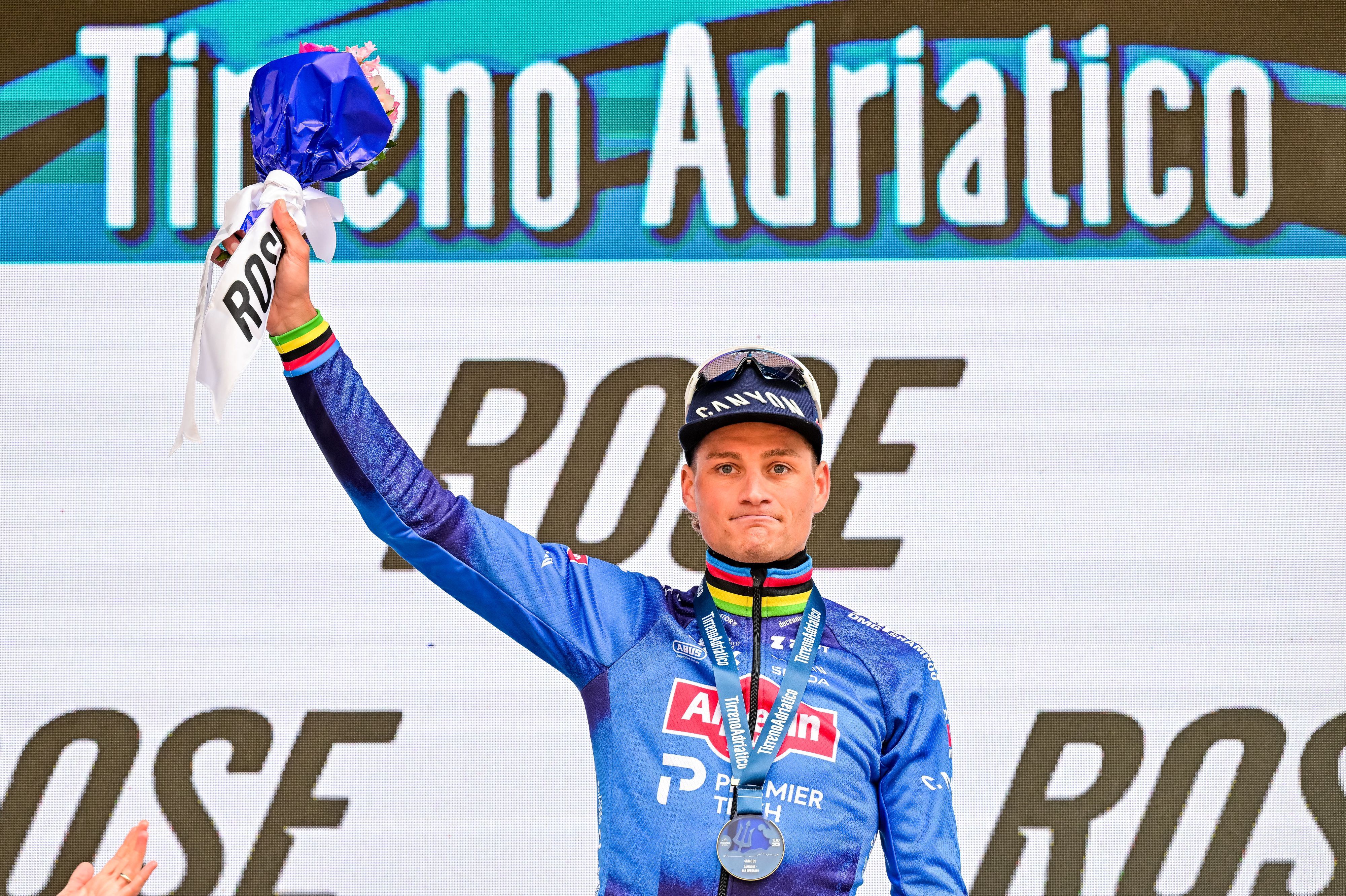Mathieu van der Poel on the podium after winning stage 2 of Tirreno-Adriatico 2026