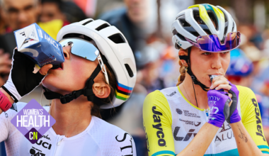 Magdeleine Vallieres of Canada and Team EF Education-Oatly alongside Liv AlUla Jayco team's Australian rider Mackenzie Coupland.