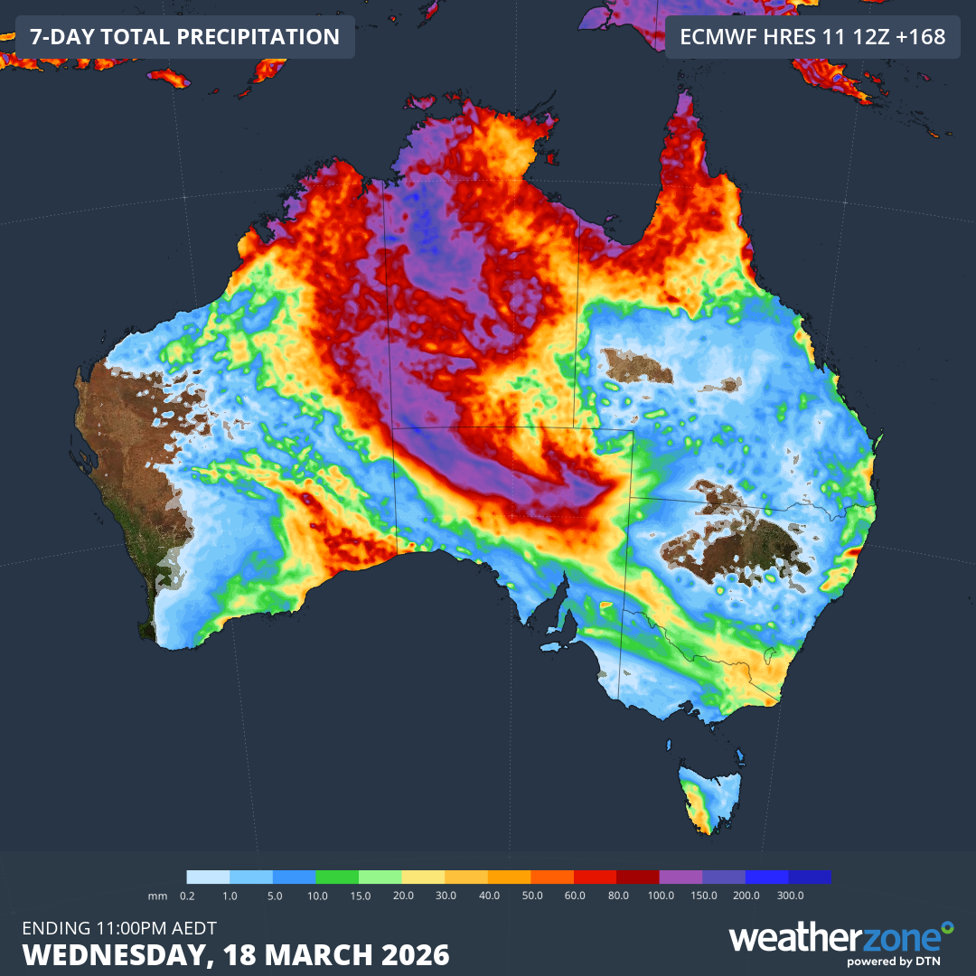 Forecast accumulated rain during the seven days ending at 11pm AEDT on Tuesday, March 18, 2026.