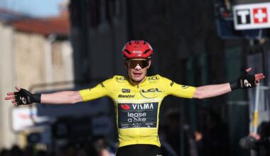 Team Visma - Lease a Bike's Danish rider Jonas Vingegaard celebrates as he crosses crossing the finish to win the 5th stage of the Paris-Nice cycling race, 206.3 km between Cormoranche-sur-Sa&amp;ocirc;ne and Colombier-le-Vieux, on March 12, 2026. (Photo by Anne-Christine POUJOULAT / AFP)