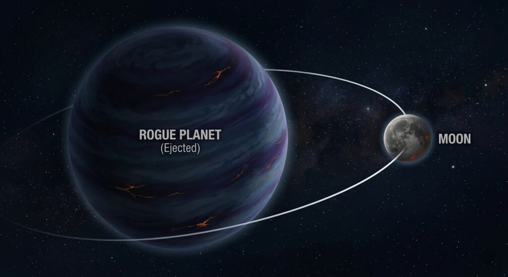 Illustration of a rogue planet and its moon. Ai Image.