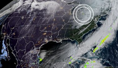 A satellite view of America is shown with state boundaries outlined in white. White circles indicate the location of a fireball occurrence that was spotted from orbit.