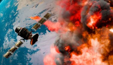 Satellite in Space passing planet on fire, 3D animation.