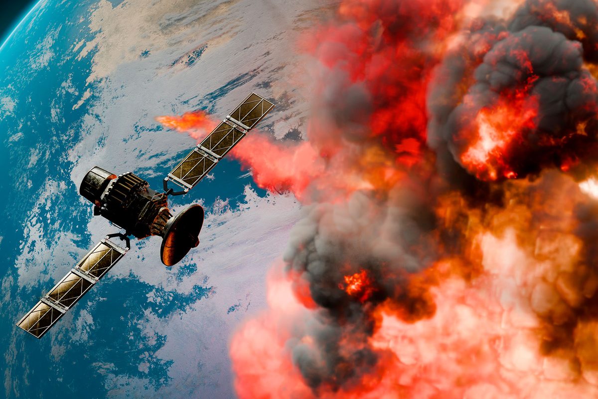 Satellite in Space passing planet on fire, 3D animation.