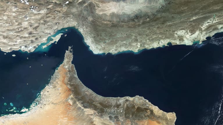 Satellite view of the Strait of Hormuz in 2024.