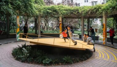 studio RE+N turns abandoned planter into floating yellow stage in shanghai