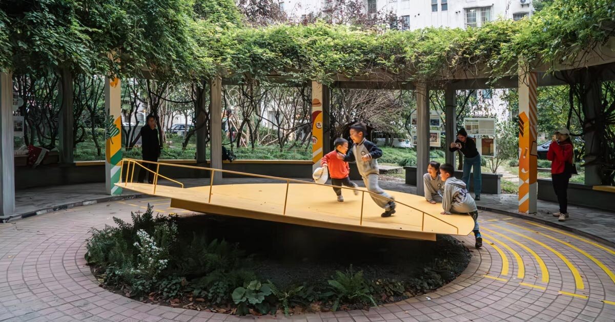 studio RE+N turns abandoned planter into floating yellow stage in shanghai