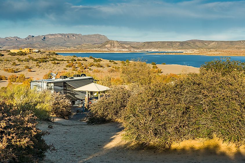 Aerial view of the Elephant Butte Lake State Park near Truth or Consequences, New Mexico.