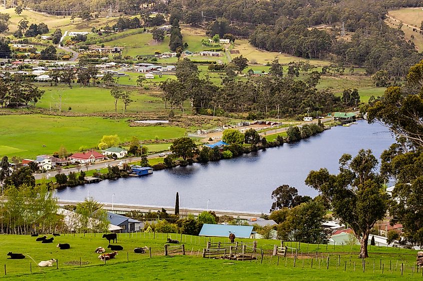 The Huon River flowing through Huonville, Tasmania.