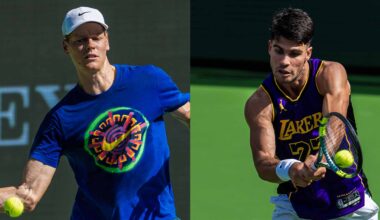Jannik Sinner and Carlos Alcaraz practise ahead of the BNP Paribas Open.