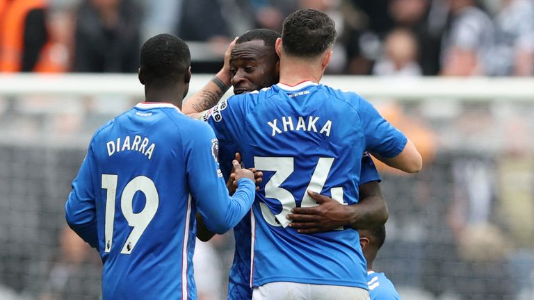 Sunderland's Granit Xhaka and Lutsharel Geertruida celebrate after the match. Pic: Reuters