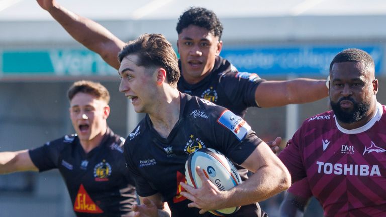 EXETER, ENGLAND - MARCH 21: Exeter Chiefs' Campbell Ridl scores his sides second try during the Gallagher PREM match between Exeter Chiefs and Sale Sharks at Sandy Park on March 21, 2026 in Exeter, England. (Photo by Bob Bradford - CameraSport via Getty Images)                                                                                                                                   
