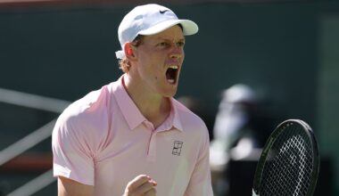 Jannik Sinner of Italy celebrates match point against Alexander Zverev of Germany during their Men's Singles Semifinals match on Day 11 of t