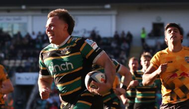 Tom Litchfield runs in for a Northampton try in their Gallagher Prem win over Newcastle