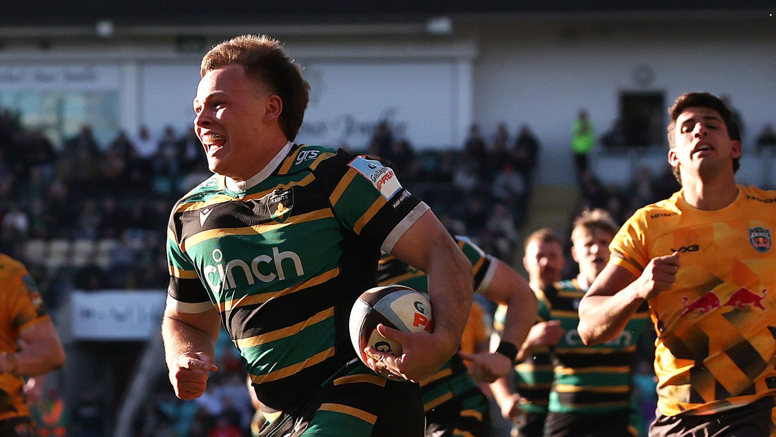 Tom Litchfield runs in for a Northampton try in their Gallagher Prem win over Newcastle