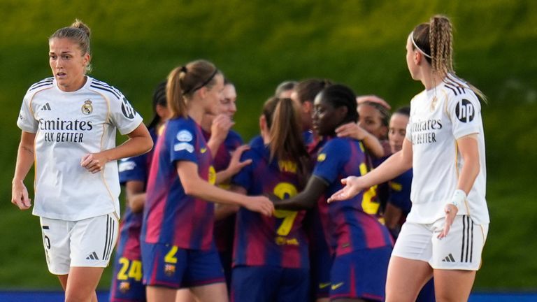 Barcelona players celebrate their win over Real Madrid in the Women's Champions League