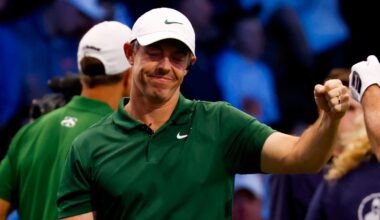 Rory McIlroy and Keegan Bradley of Boston Common Golf react to a shot on the seventh hole during a match against Jupiter Links GC at SoFi Ce