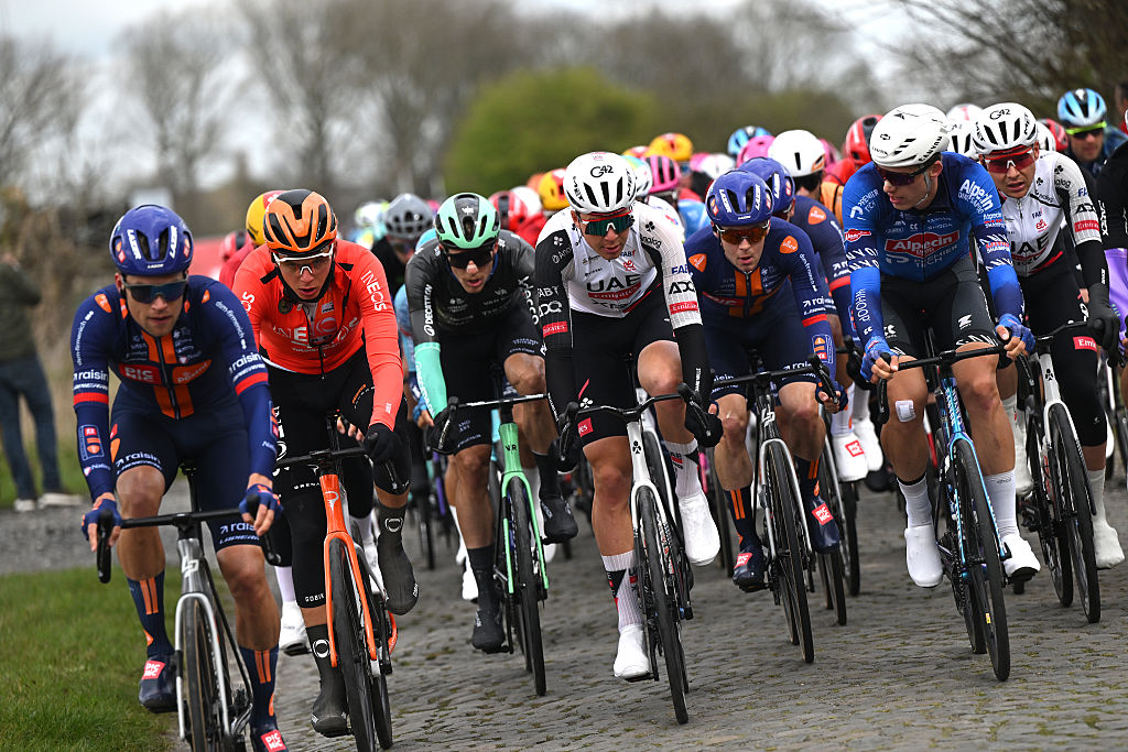 BRUGES, BELGIUM - MARCH 25: (L-R) Artem Shmidt of United States and Team INEOS Grenadiers and Florian Vermeersch of Belgium and UAE Team Emirates - XRG compete during the 50th Ronde Van Brugge - Tour of Bruges 2026 - Men&amp;apos;s Elite a 202.9km one day race from Bruges to Bruges / #UCIWT / on March 25, 2026 in Bruges, Belgium. (Photo by Luc Claessen/Getty Images)
