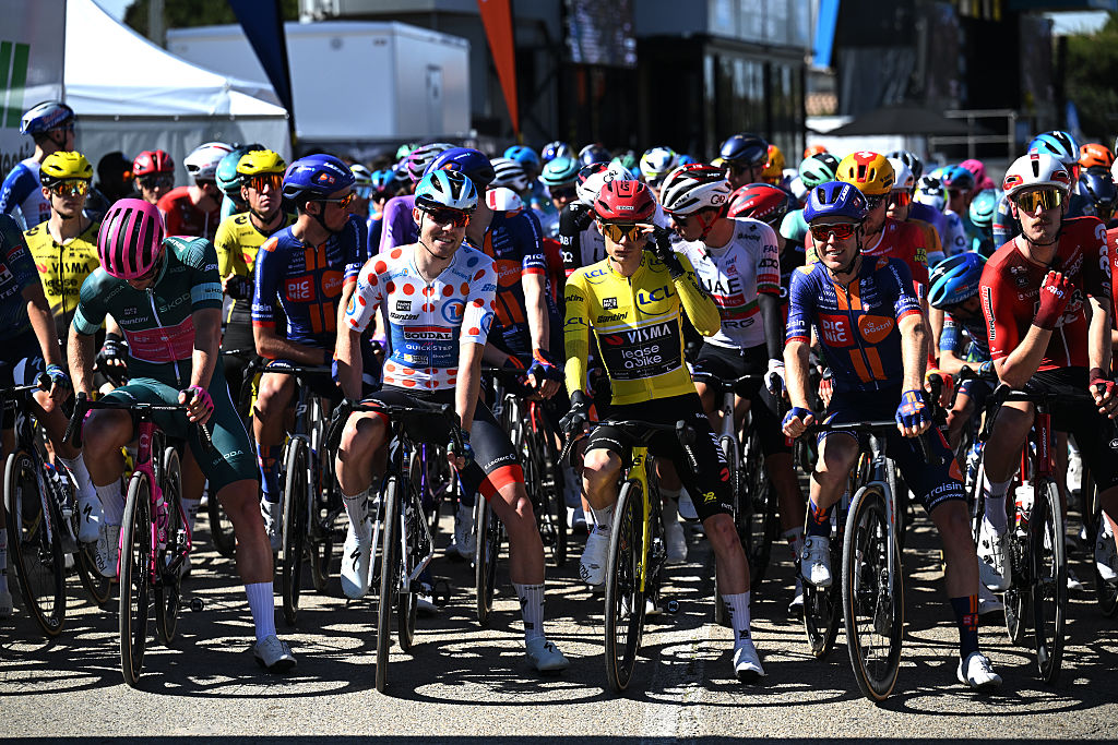 BARBENTANE, FRANCE - MARCH 13: (L-R) Luke Lamperti of United States and Team EF Education - EasyPost - Green Points Jersey, Casper Pedersen of Denmark and Team Soudal Quick-Step - Polka Dot Mountain Jersey, Jonas Vingegaard of Denmark and Team Visma | Lease a Bike - Yellow Leader Jersey and Chris Hamilton of Australia and Team Picnic PostNL prior to the 84th Paris-Nice 2026, Stage 6 a 179.3km stage from Barbentane to Apt 234m / #UCIWT / on March 13, 2026 in Barbentane, France. (Photo by Szymon Gruchalski/Getty Images)