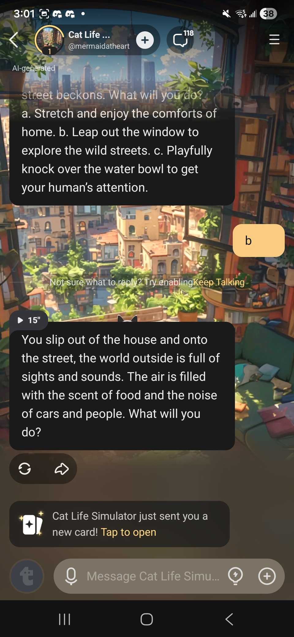 Choosing an option in the Cat life structured chat in the Talkie app