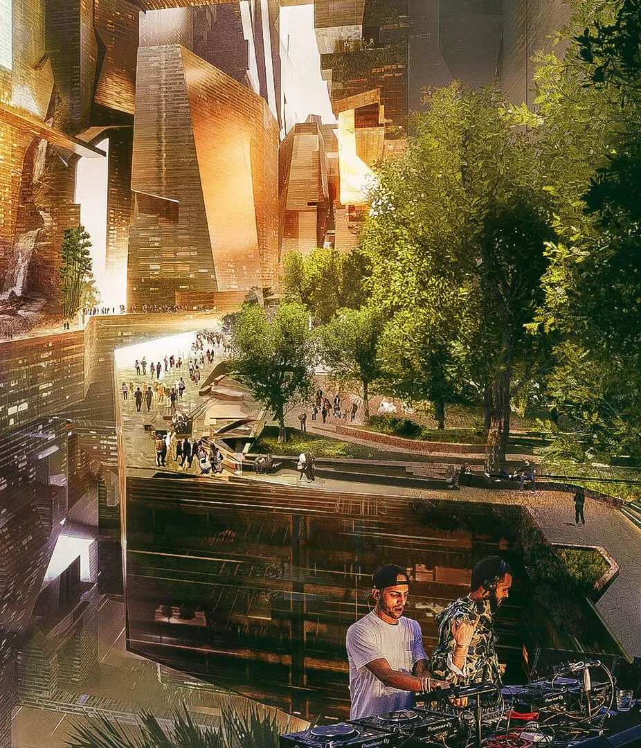 Saudi Arabia Scales Back The Line Project to Build AI Data Centers 15 Vibrant urban life within The Line: a glimpse of the diverse public spaces, lush greenery, and entertainment zones that blend technology, nature, and social interaction in this revolutionary vertical city