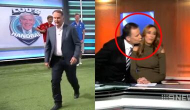 'I'm out of here': Channel Nine's Tony Jones storms off Footy Show set after reference to THAT Bec Judd kiss