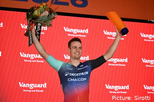 Tobias Lund Andresen on the podium of the 2026 Tour Down Under after winning stage 1