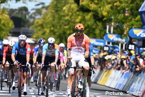 Sam Welsford celebrates victory at stage 3 of the 2026 Tour Down Under