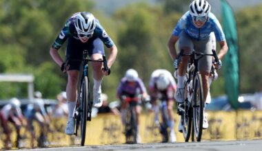 Keely Bennett (Butterfields Ziptrak) and Alyssa Polites (Meridian Bikebug) sprint for the win at the Inverell criterium