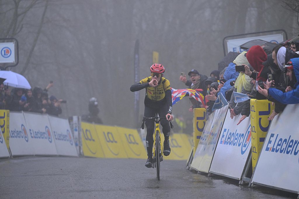 Danish Jonas Vingegaard of Team Visma-Lease a Bike celebrates after winning the fourth stage of 84th edition of the Paris-Nice cycling race, a race from Bourges to Uchon (195 km), on Wednesday 11 March 2026.BELGA PHOTO DAVID PINTENS (Photo by DAVID PINTENS / BELGA MAG / Belga via AFP)