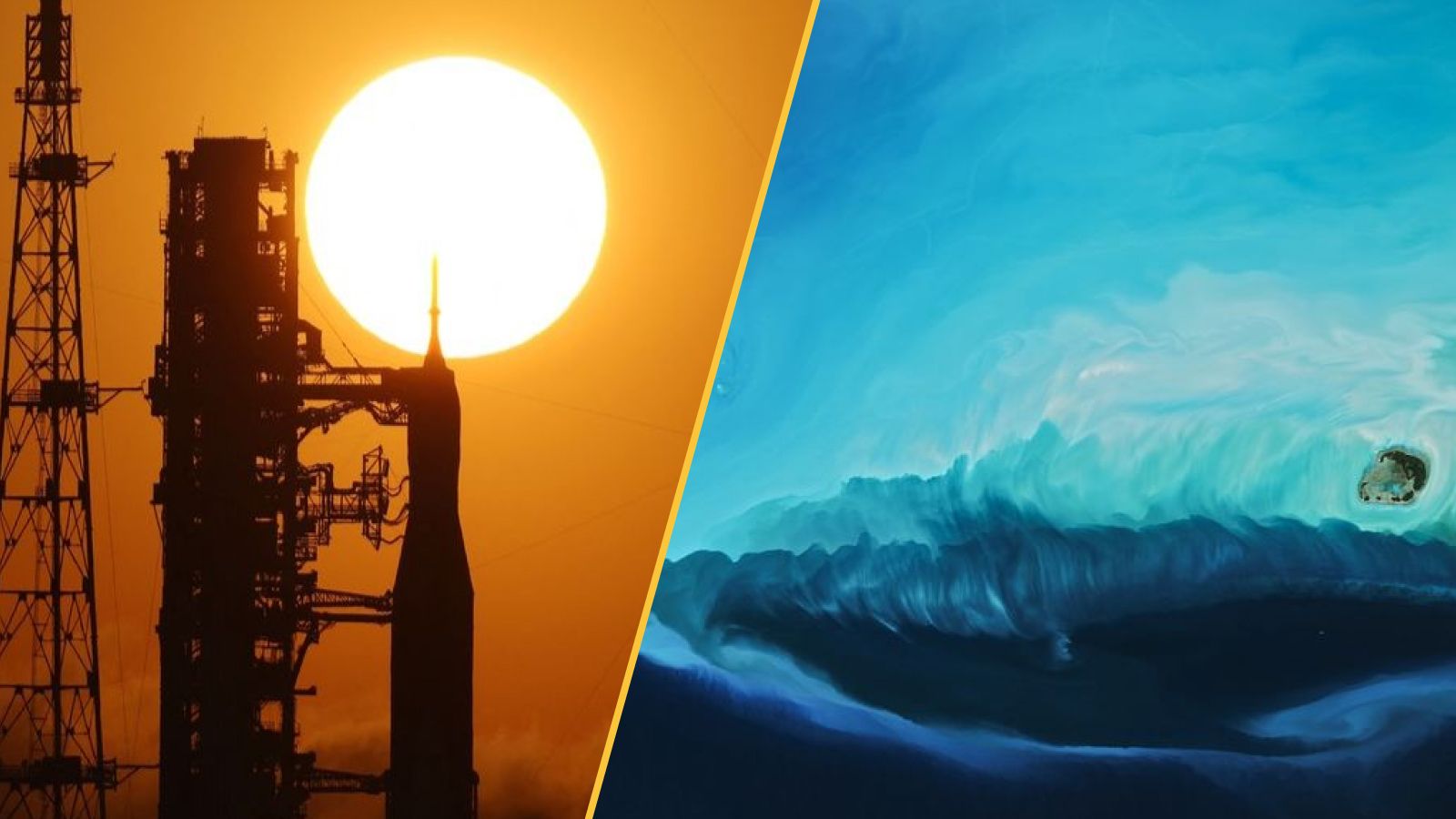 There are two images: A rocket stands in front of a sunset and azure waters are seen from the sky.