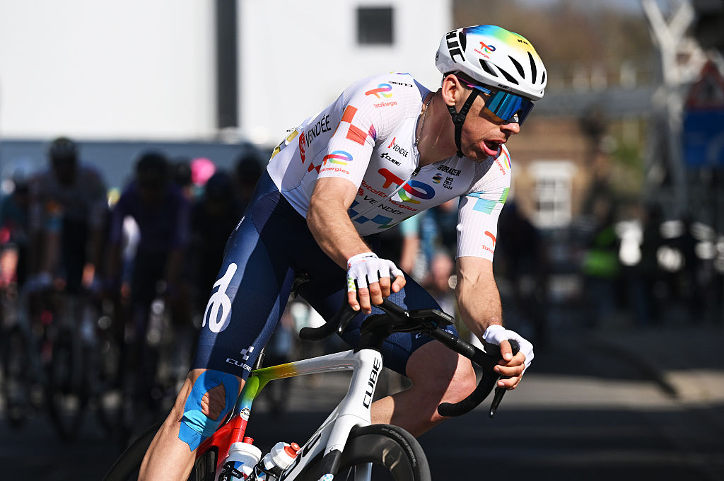 ROESELARE - MARCH 22: Samuel Leroux of France and Team TotalEnergies competes during the 15th Grote Prijs Jean-Pierre Monsere 2026 a 202.5km one day race from Torhout to Roeselare on March 22, 2026 in Roeselare, Italy. (Photo by Luc Claessen/Getty Images)