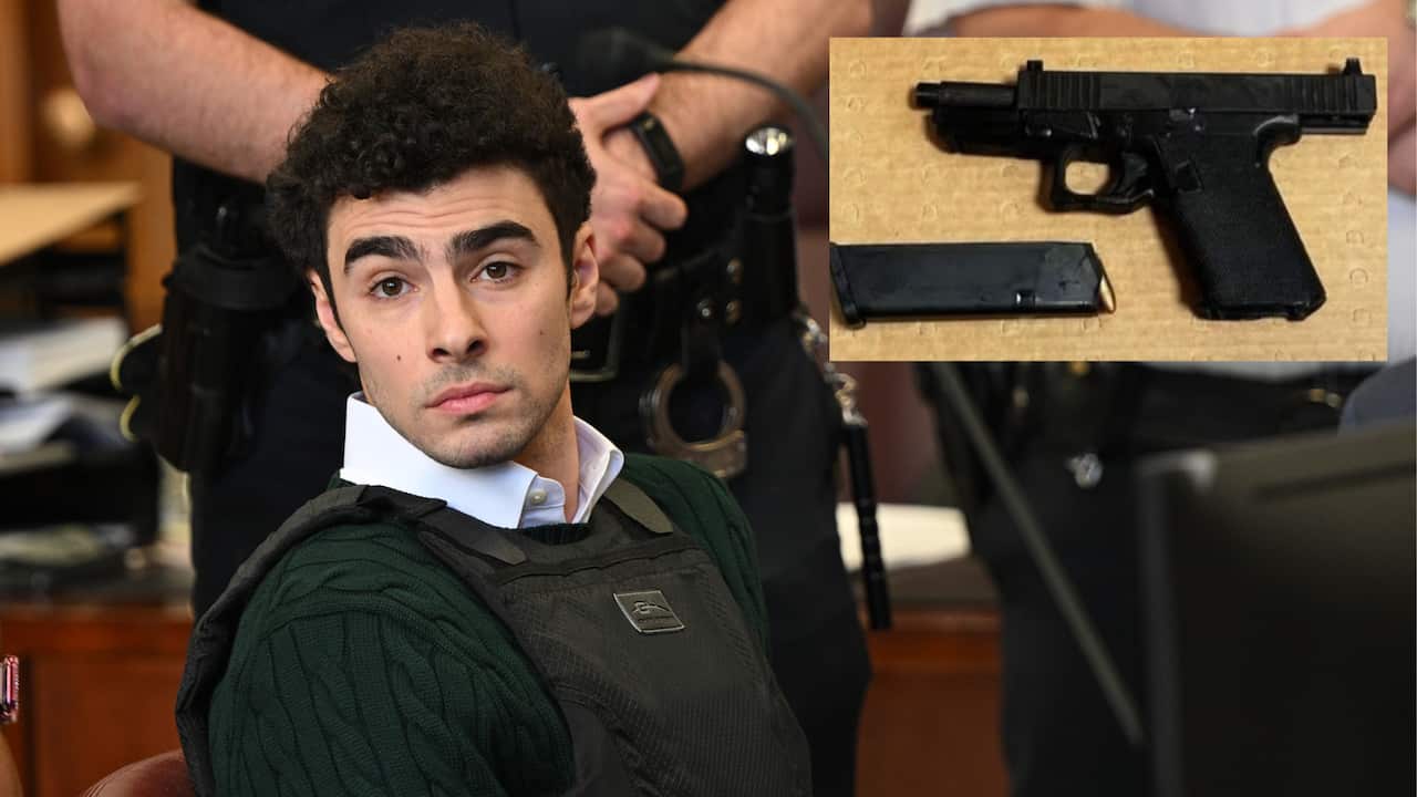 A collage. A man in a bulletproof vest in court, and a photo of a black gun.