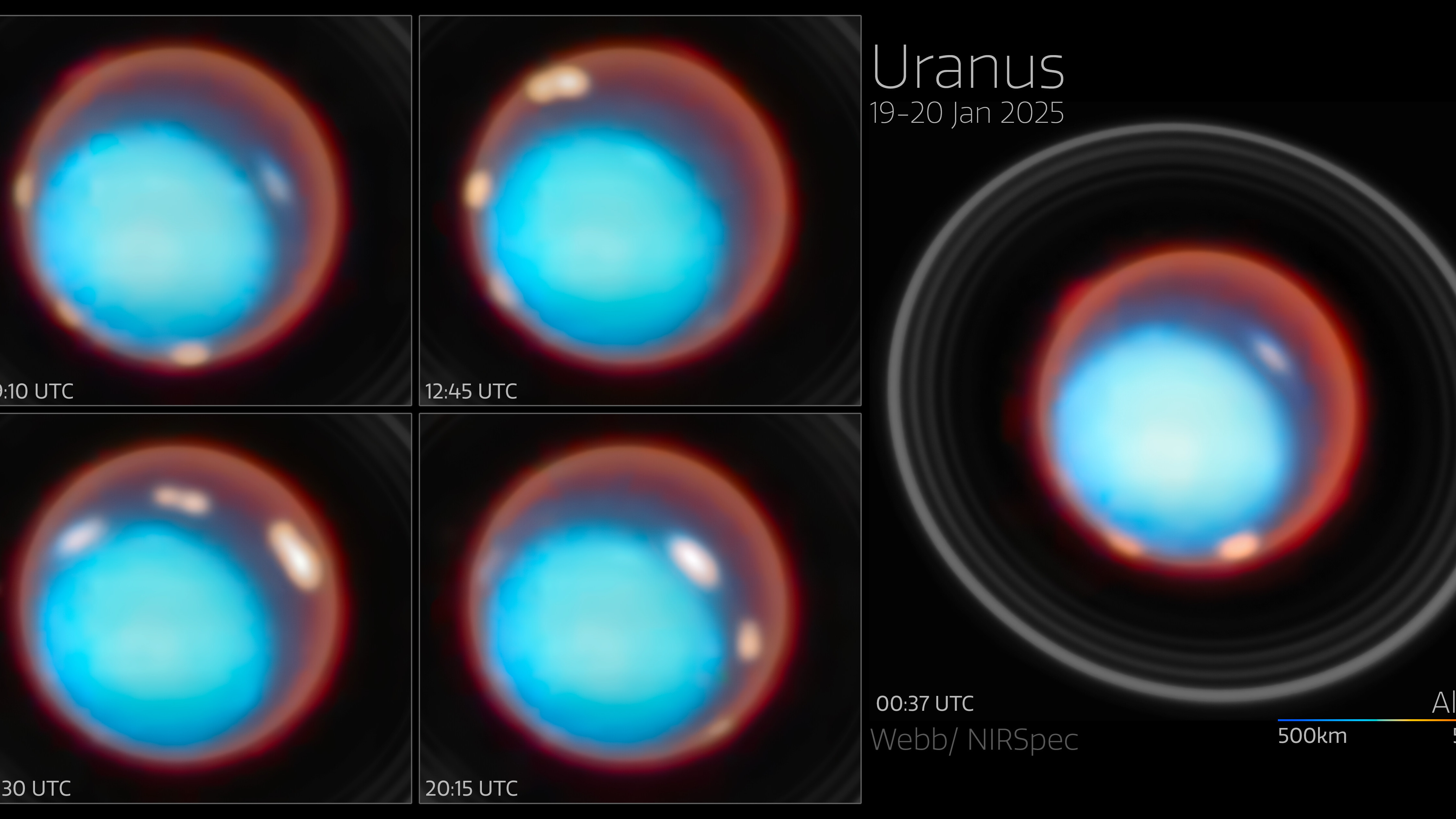 For the first time, an international team of astronomers have mapped the vertical structure of Uranus’s upper atmosphere, uncovering how temperature and charged particles vary with height across the planet. Using Webb’s NIRSpec instrument, the team detected the faint glow from molecules high above the clouds. These unique data provide the most detailed portrait yet of where the planet’s auroras form, how they are influenced by its unusually tilted magnetic field, and how Uranus’s atmosphere has continued to cool over the past three decades. The results offer a new window into how ice-giant planets distribute energy in their upper layers. Two bright auroral bands were detected near Uranus’s magnetic poles, together with reduced emission and ion density in part of the region between the two bands (a feature likely linked to transitions in magnetic field lines).