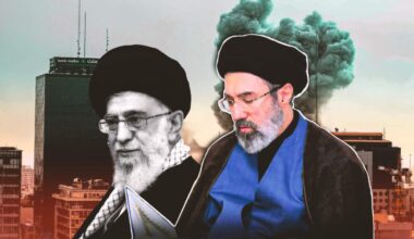 A photo of the late Ali Khamenei, next to his son Mojtaba Khamenei, in front of a burning building