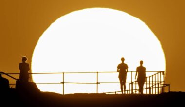 Silhouettes of people against a large, burning white sun in an orange sky.